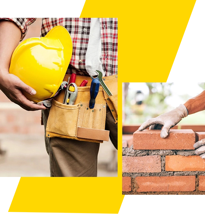 A collage of construction workers with tools.