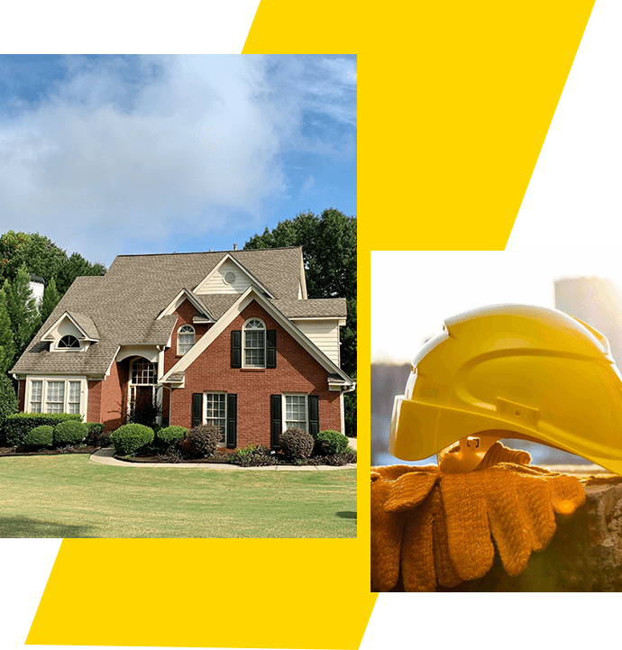 A house with a yellow hard hat and some trees